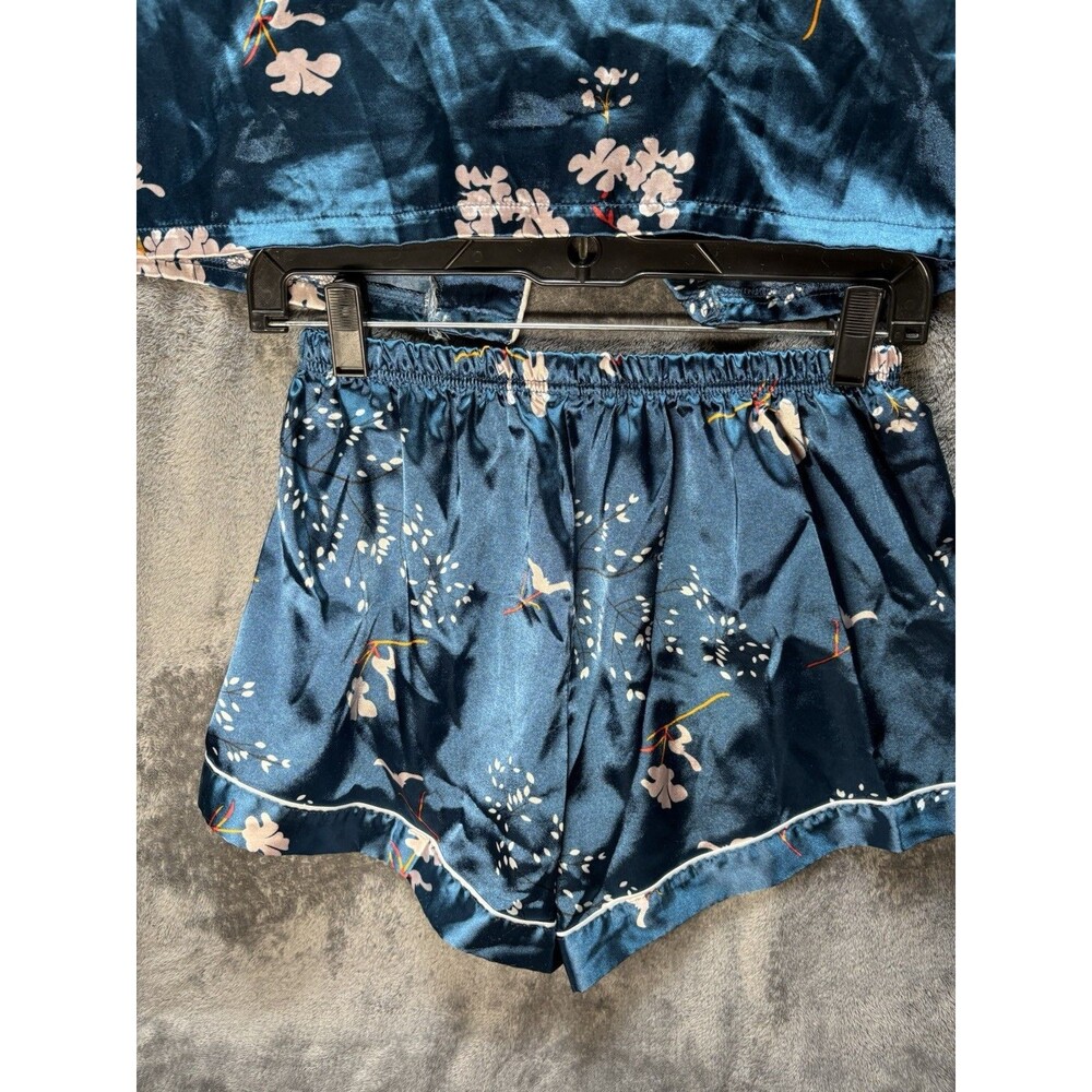Blue Satin Floral Pajama Set Collared Button Front Piping Short Sleeve - L - Picture 8 of 10
